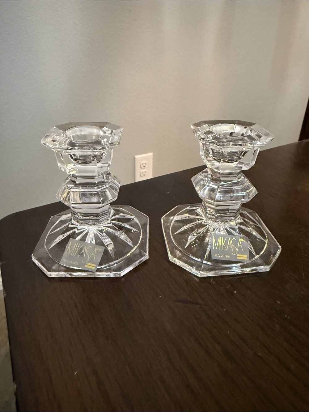 Set Of 2 Mikasa Slovenia Lead Crystal Short Taper Candle Holders 3” Tall